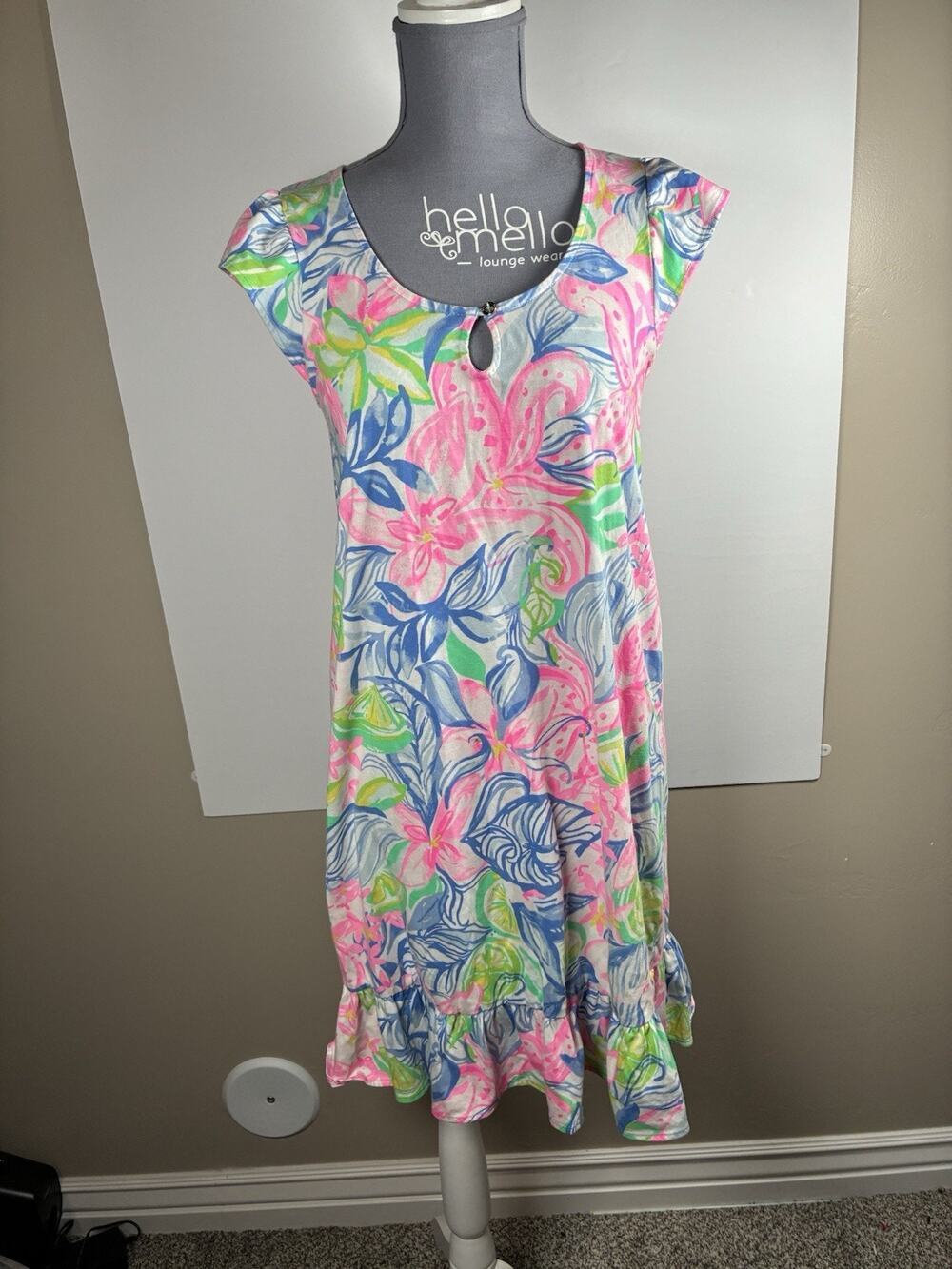 Lilly Pulitzer S 100% Cotton Shift Dress Pink Floral Keyhole Ruffle Hem Resort